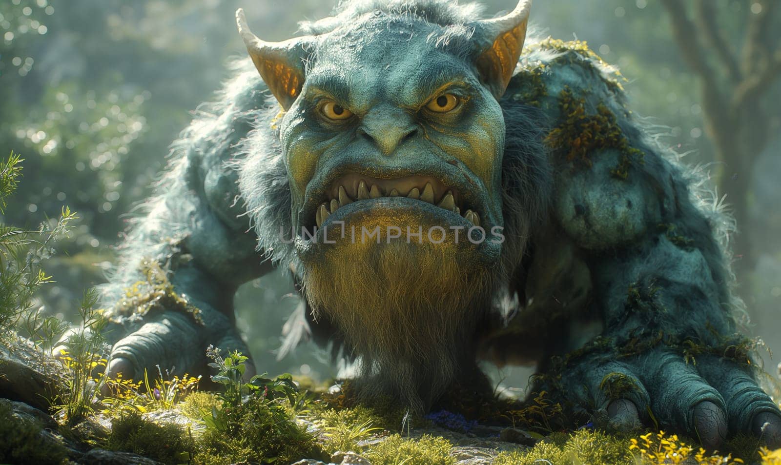 3D, cartoon evil goblin in the forest, close-up. Selective focus