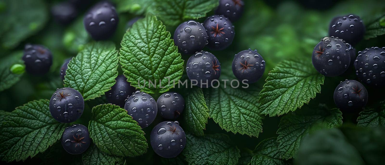 Blackcurrant on a branch with water droplets. Selective focus