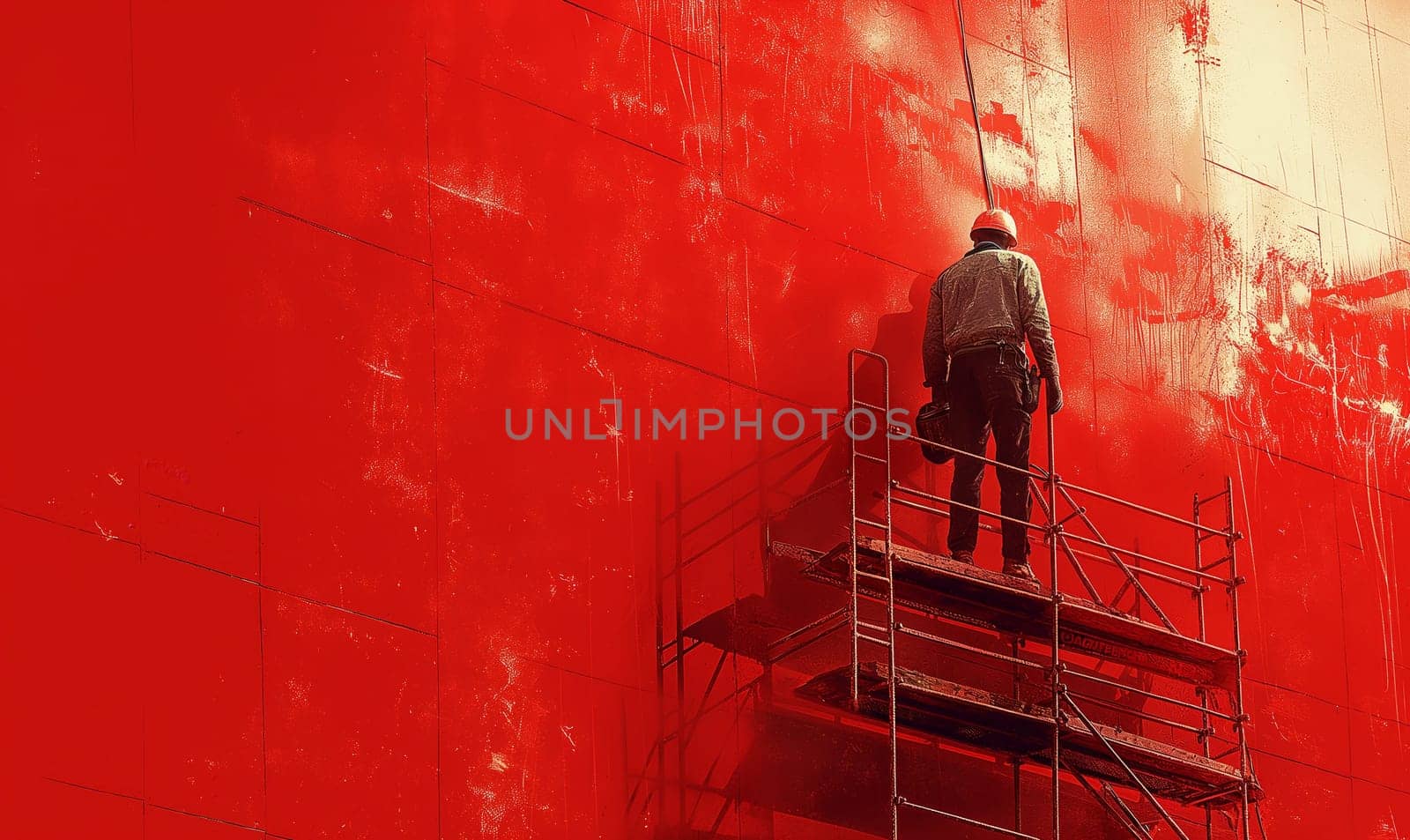 A construction worker stands on scaffolding, facing a large red wall. Selective focus.
