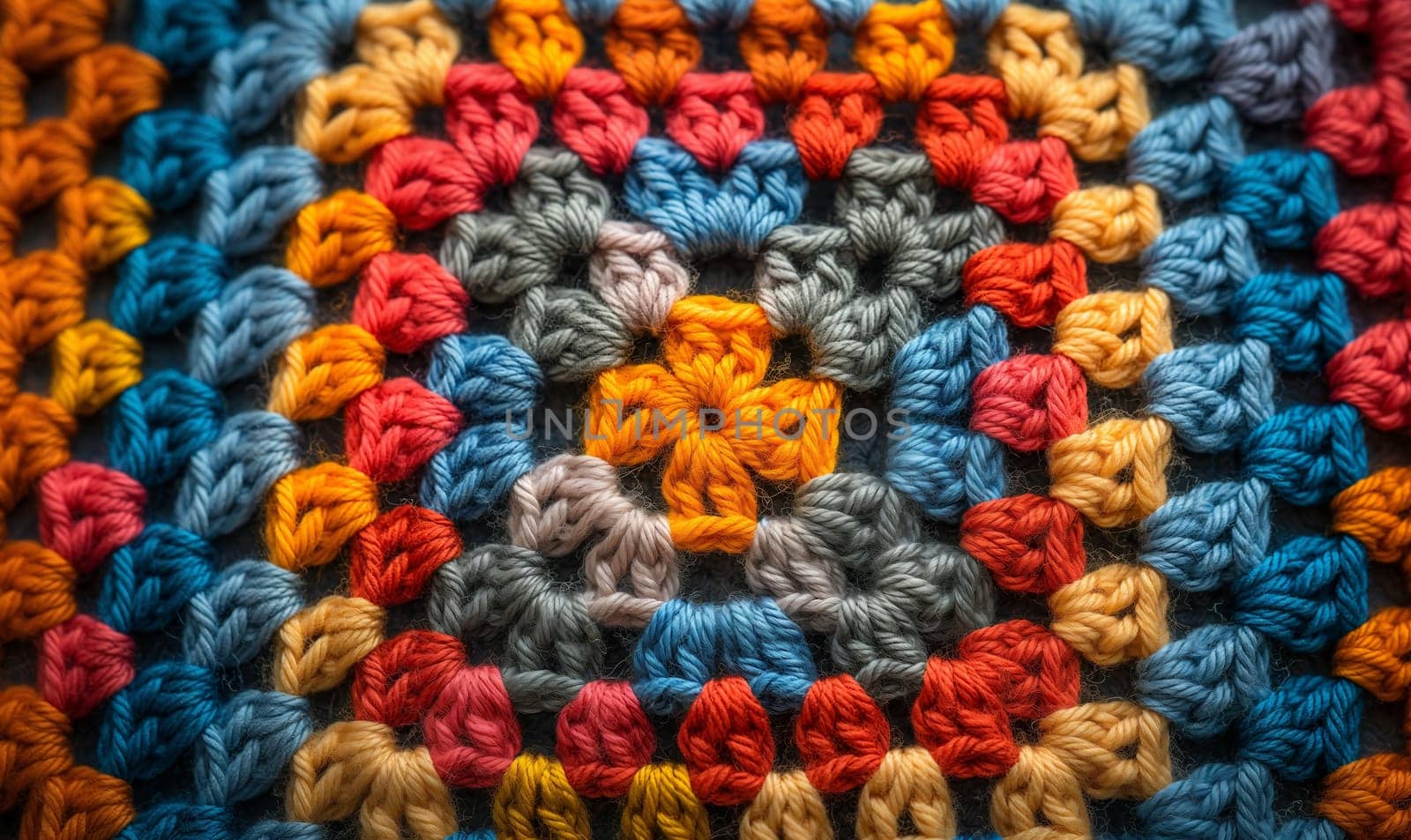 Texture background from a crochet granny square pattern. Selective focus