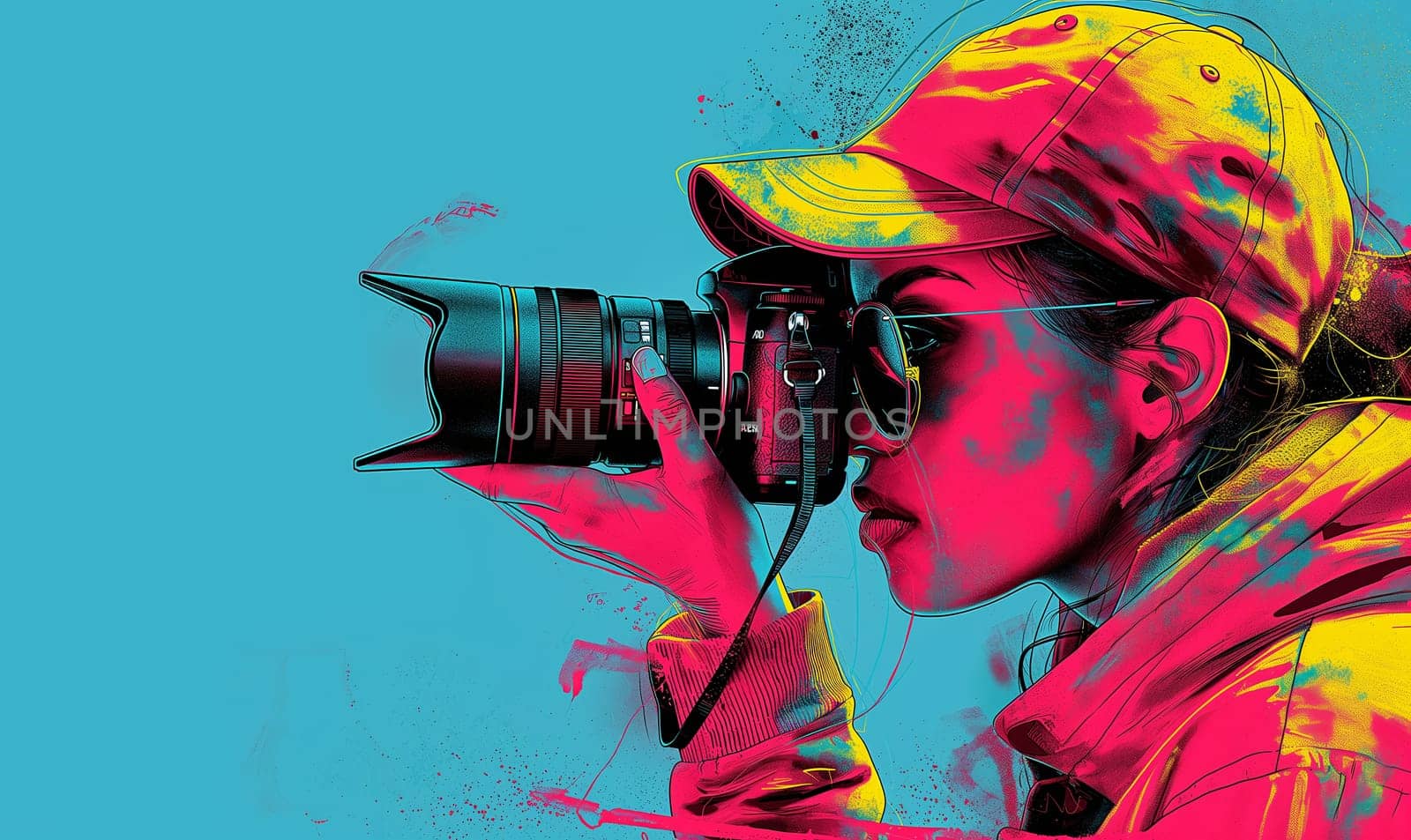 A woman takes a picture with a DSLR camera in an airbrush style. by Fischeron