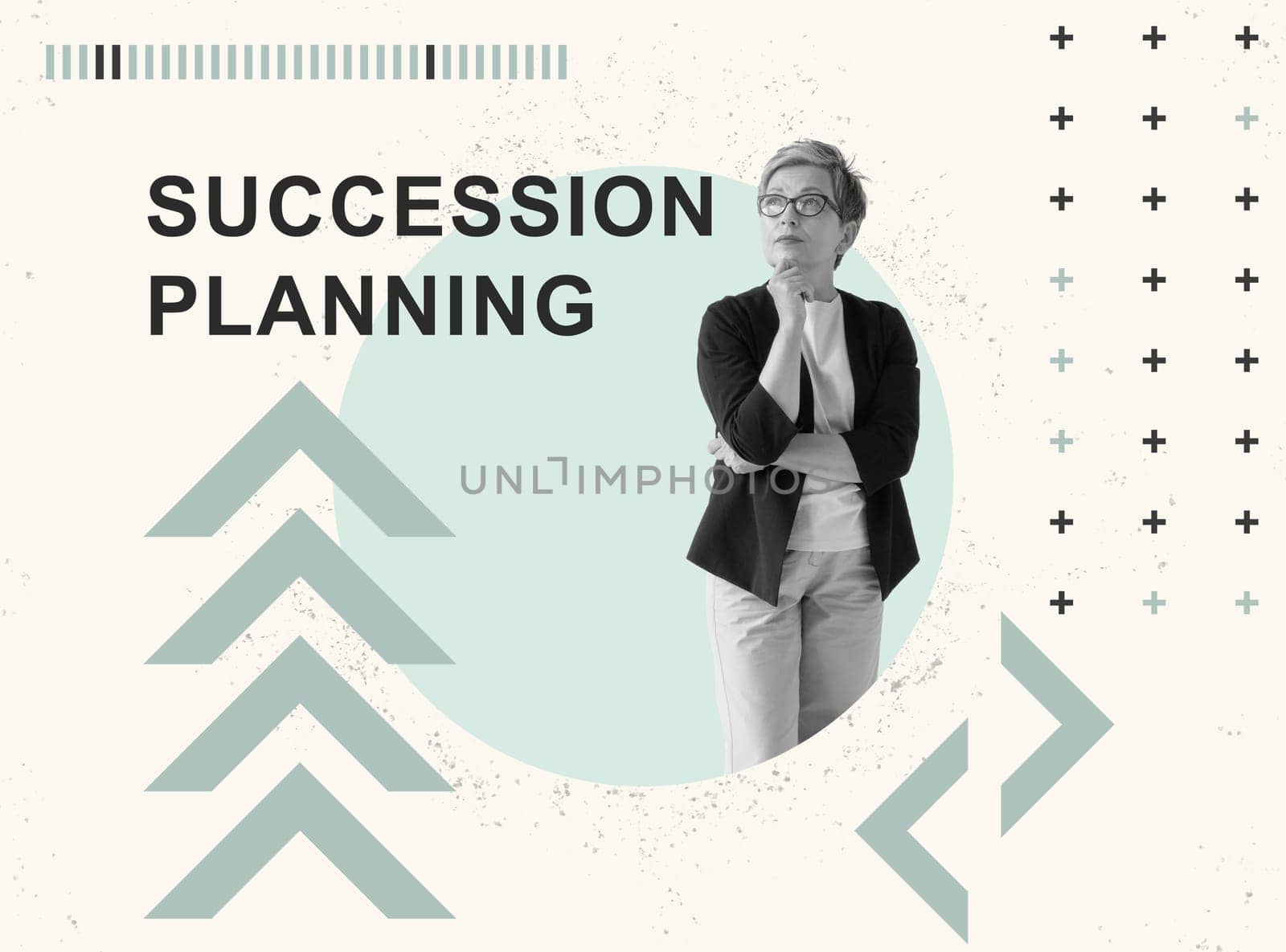 Succession planning concept. Collage with thoughtful businesswoman.