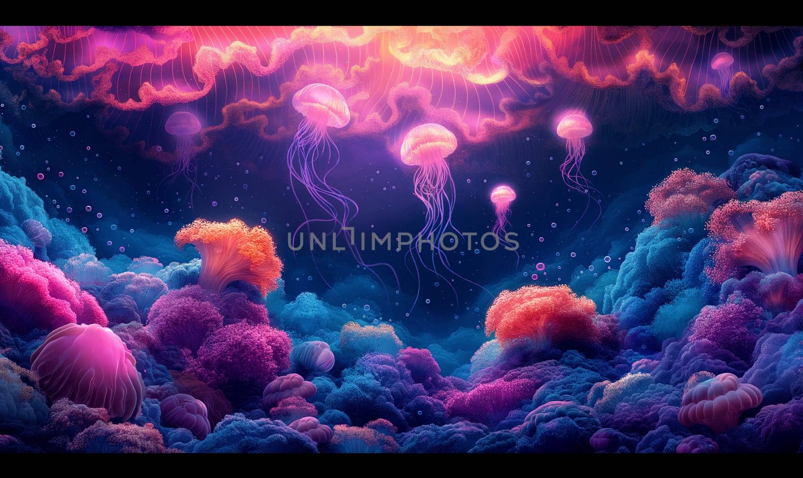 Illustration of colorful jellyfish swimming in ocean. by Fischeron