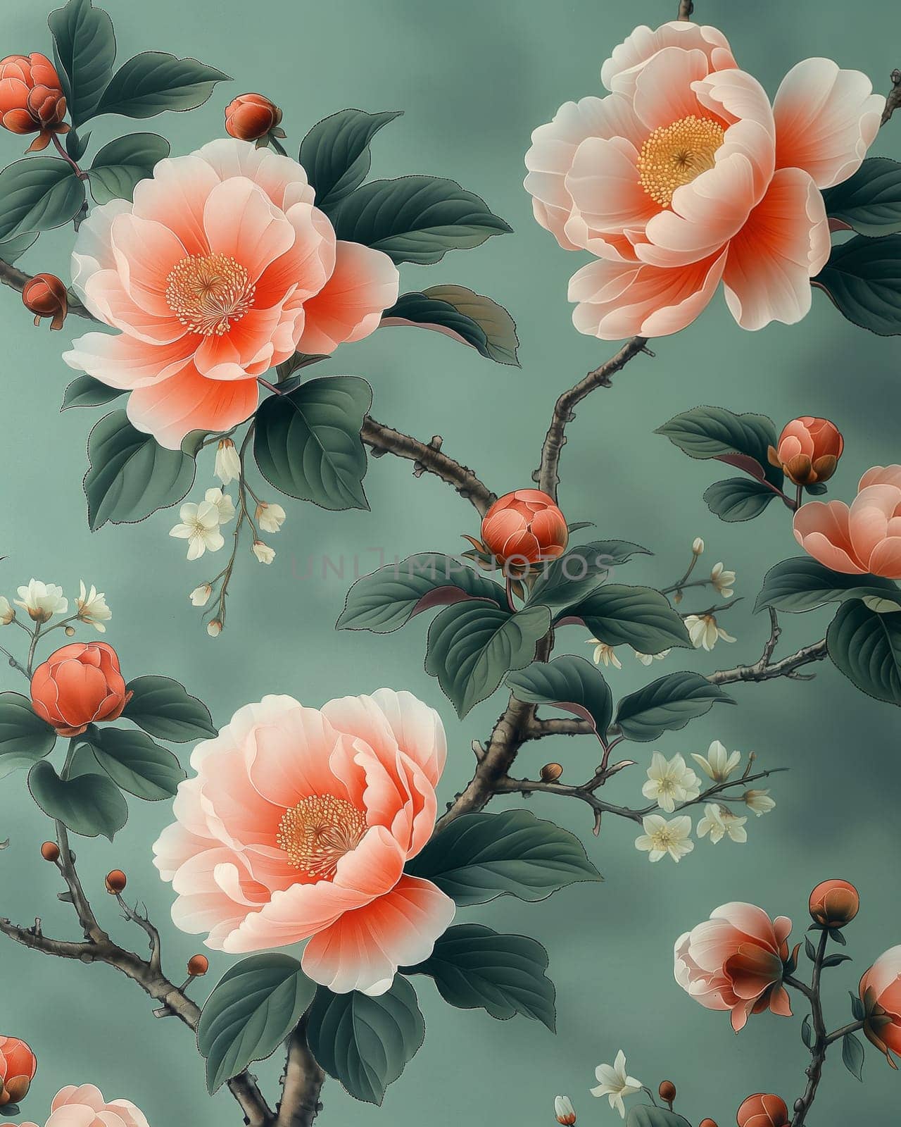 Wallpaper in chinoiserie style depicting large flower. Selective focus.