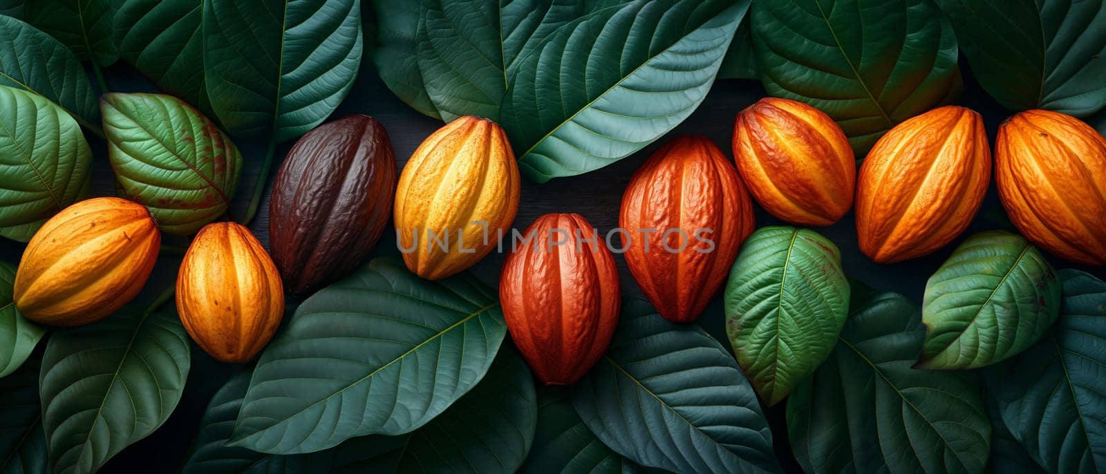 Abstract background with cocoa beans with leaves. Selective focus.