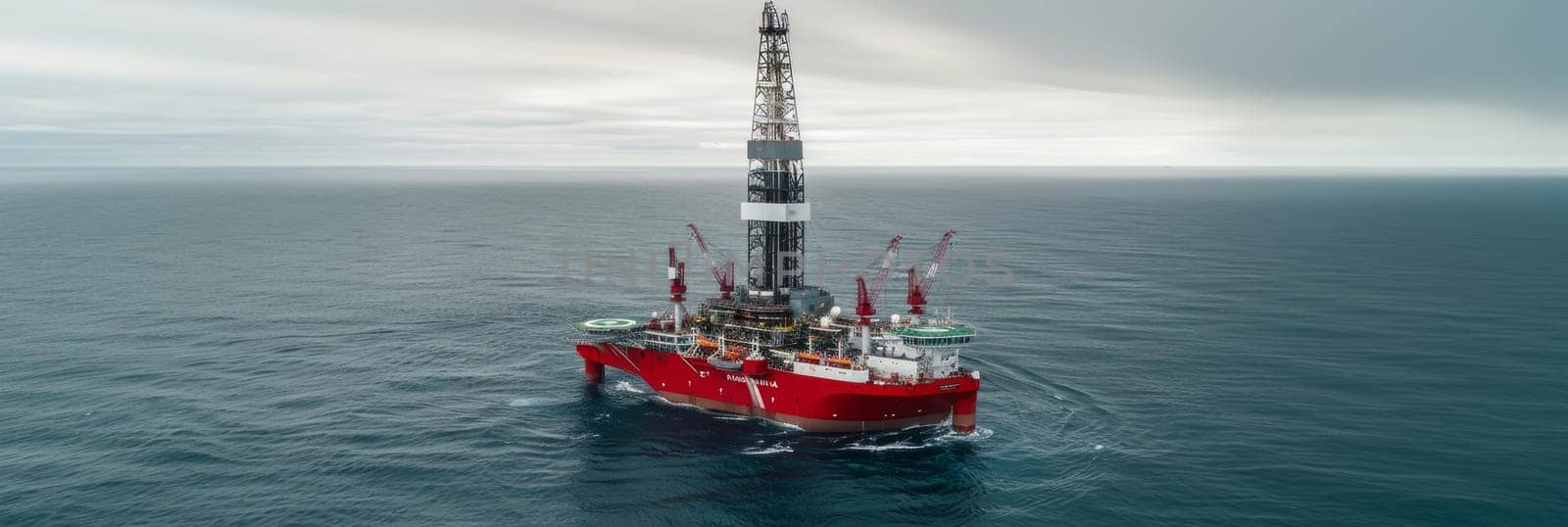 Aerial view of a red offshore drilling rig in the vast open sea under cloudy skies.