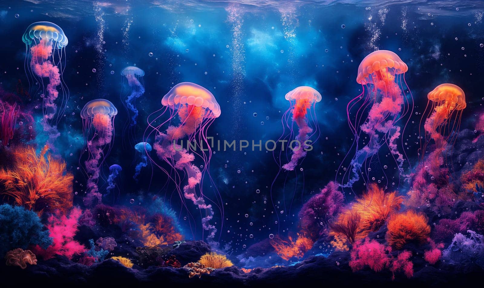 Illustration of colorful jellyfish swimming in ocean. Selective focus.
