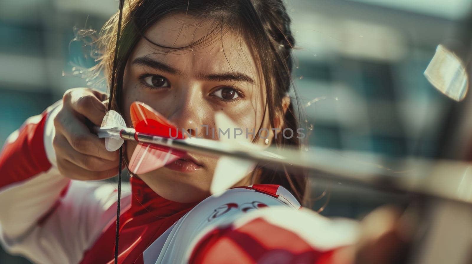 A focused woman confidently holds a bow and arrow, taking aim at a target with determination. Her red shirt stands out against the dark background, highlighting her intense expression.