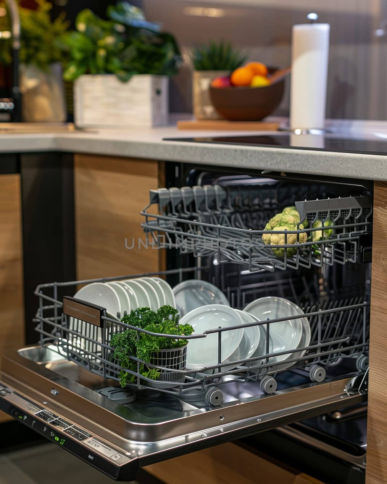 Modern kitchen interior with open dishwasher filled with clean dishes and fresh vegetables.