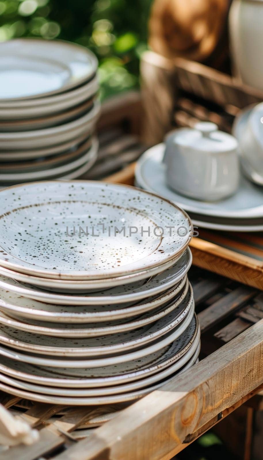 Stacked speckled plates and cups on a wooden cart in sunlight, showcasing outdoor catering or picnic setting.