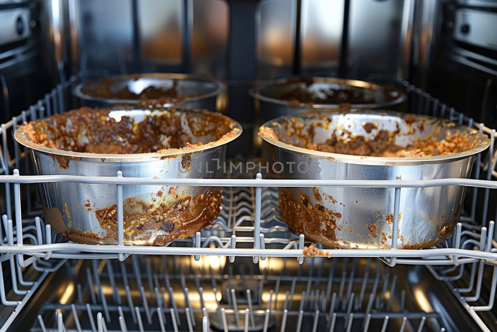 Two used round cake pans with leftover batter inside a dishwasher by sfinks