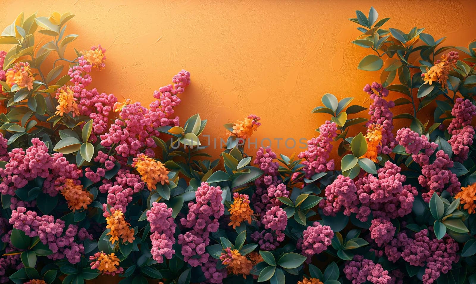 Purple and Orange Flowers on Yellow Wall. Selective focus.