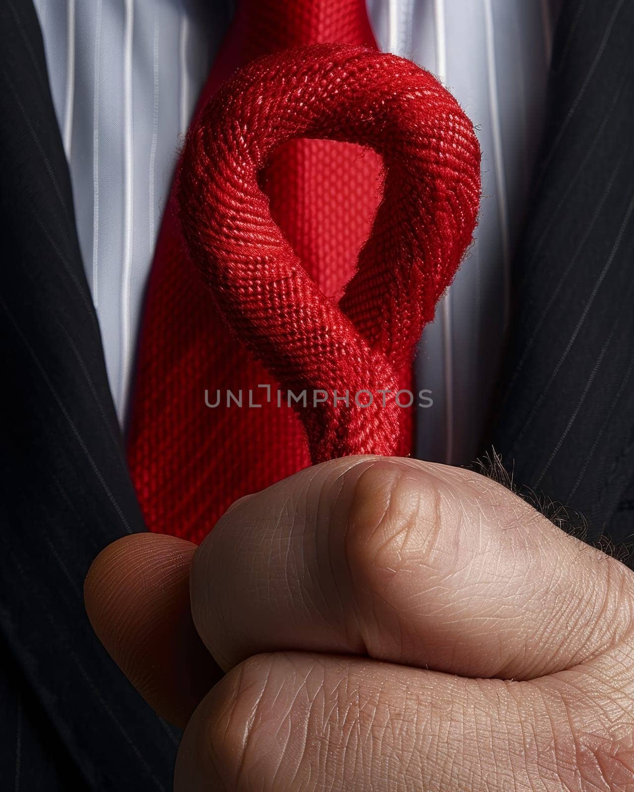 Close-up of a hand tightly gripping a red rope, symbolizing power, control, and business attire. The background shows a suit with necktie and shirt, emphasizing a professional context.