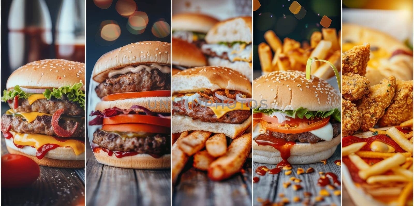 Vibrant collage of fast food items, featuring burgers and fries by sfinks