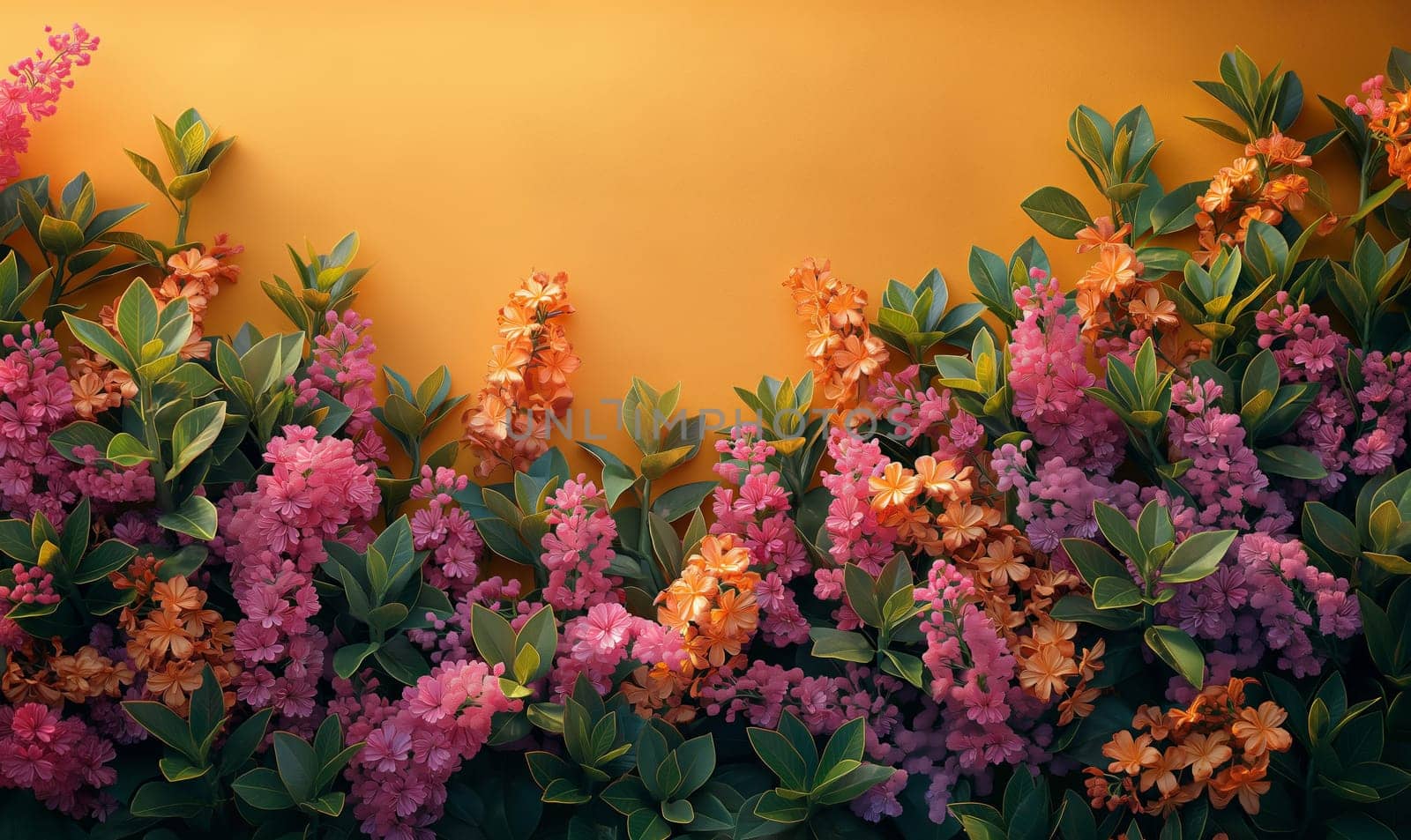 Purple and Orange Flowers on Yellow Wall. by Fischeron