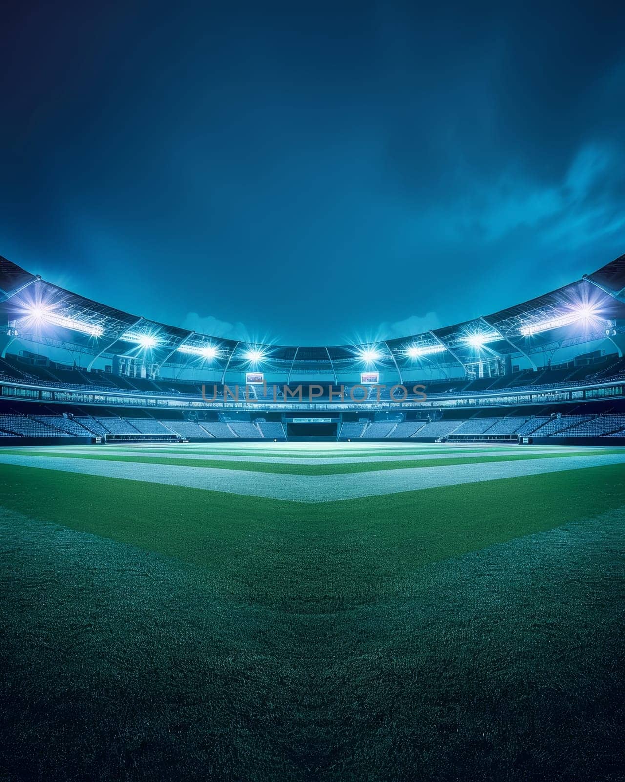 Illuminated, empty stadium at night with lush green field and bright floodlights.