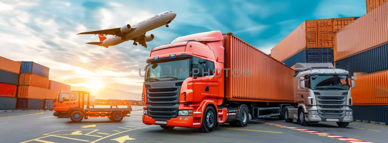 A dynamic scene of transportation logistics with a red container truck, a plane in flight, and stacked shipping containers, highlighting global trade and freight movement at sunset.