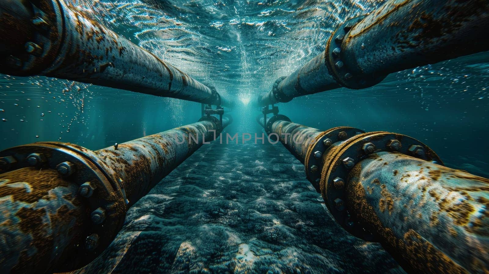 Underwater view of two parallel rusty pipelines extending towards a light source in clear blue water by sfinks