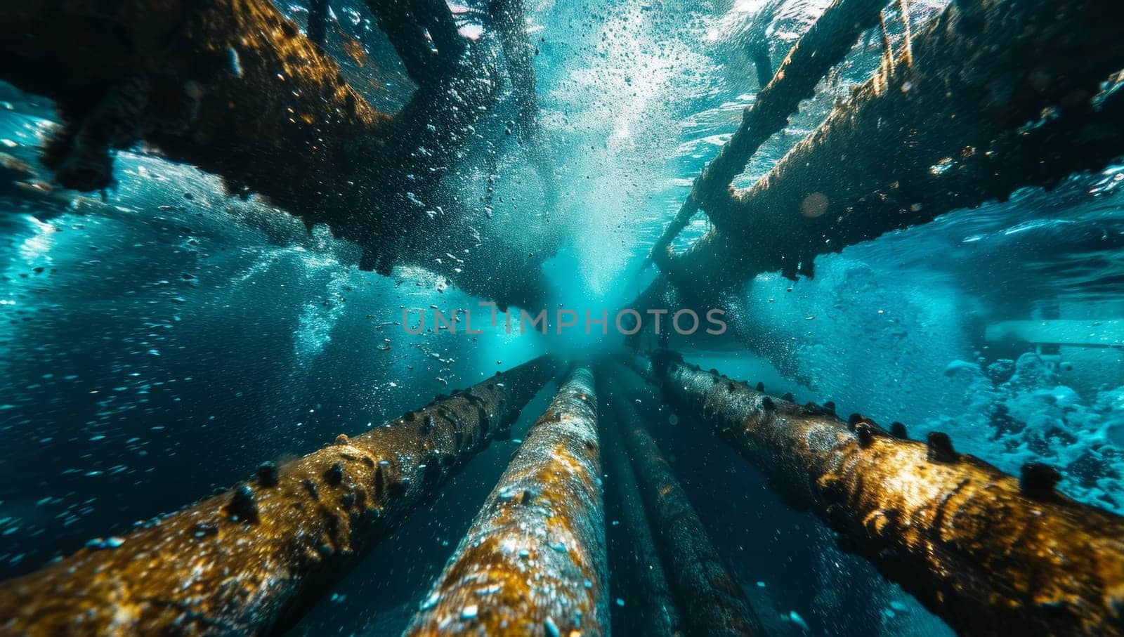 Underwater view of oil and gas pipelines with sunlight filtering through water, creating a vivid and industrial scene.