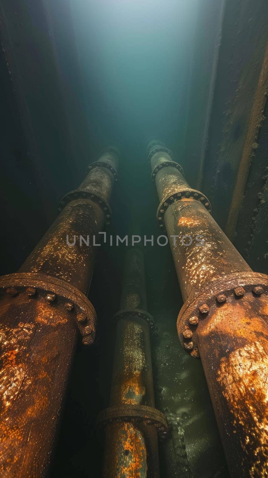 Underwater view of rusted pipelines leading upwards, with light filtering through murky water by sfinks