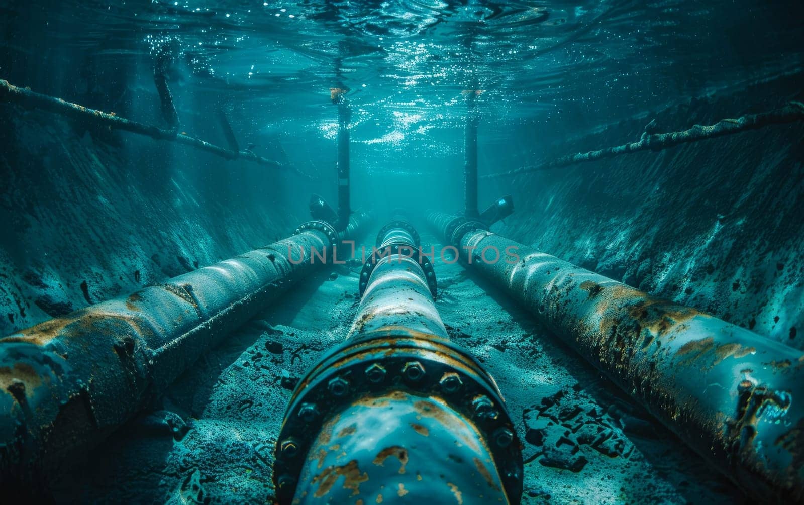 Underwater pipeline leading into ocean depths, sunlight filtering through surface.