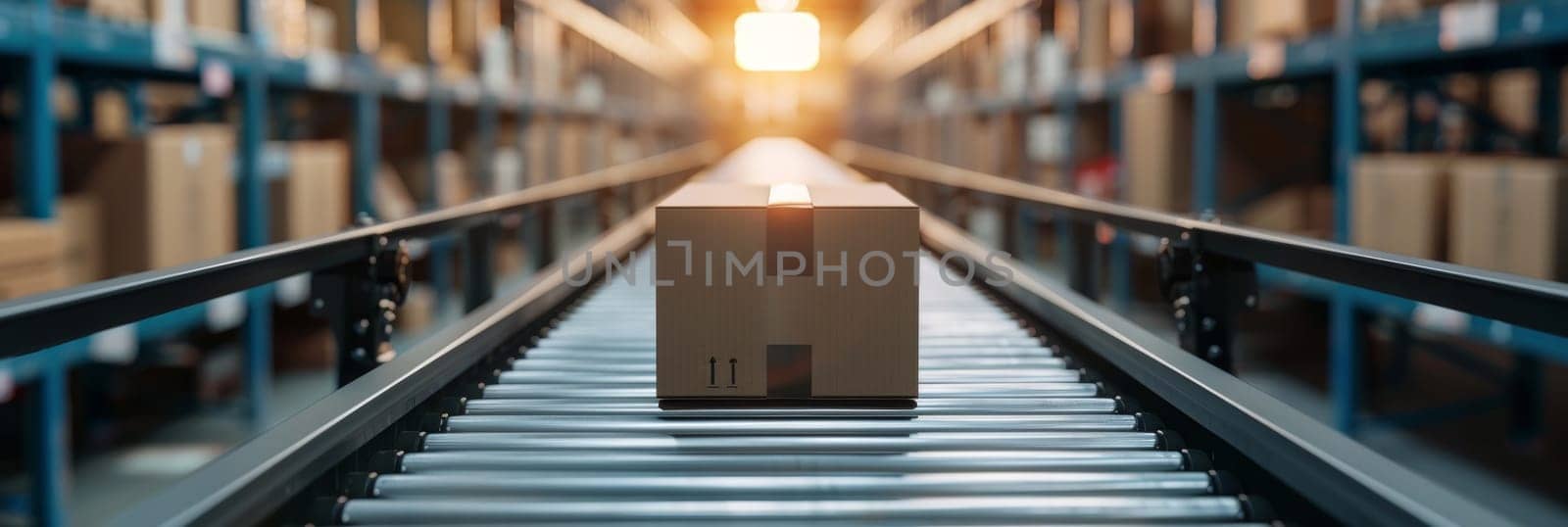 A conveyor belt in a warehouse transporting a single cardboard box.