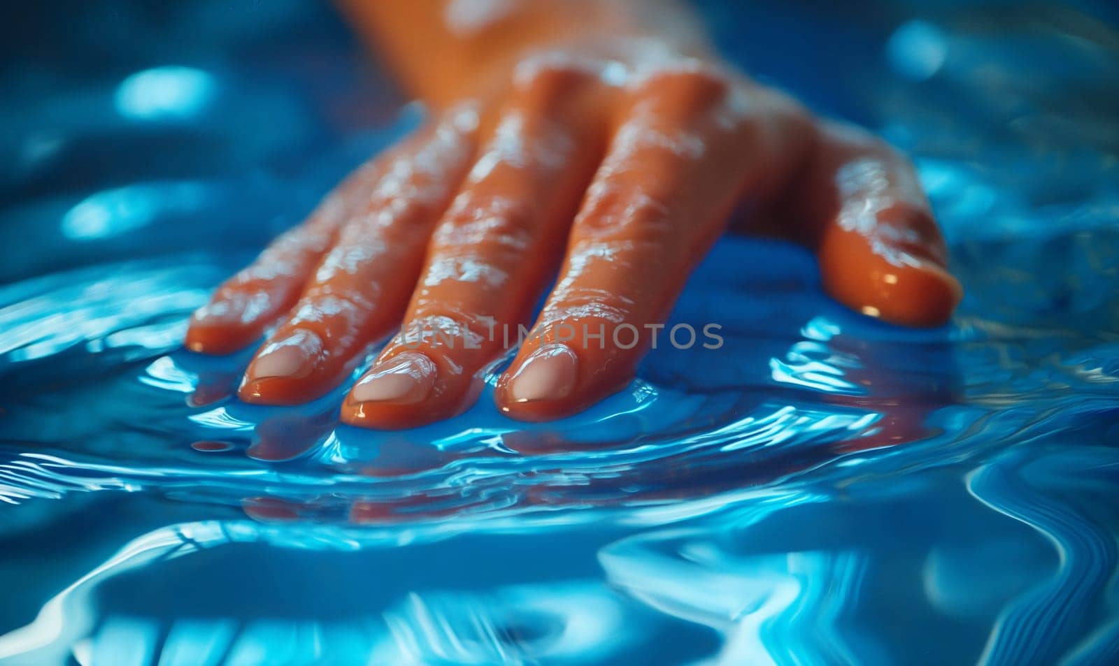 Hand in still blue water. Selective focus.