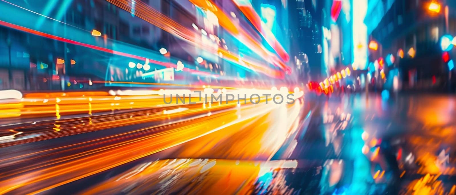 Vibrant long exposure shot of city traffic at night with light trails and urban glow.