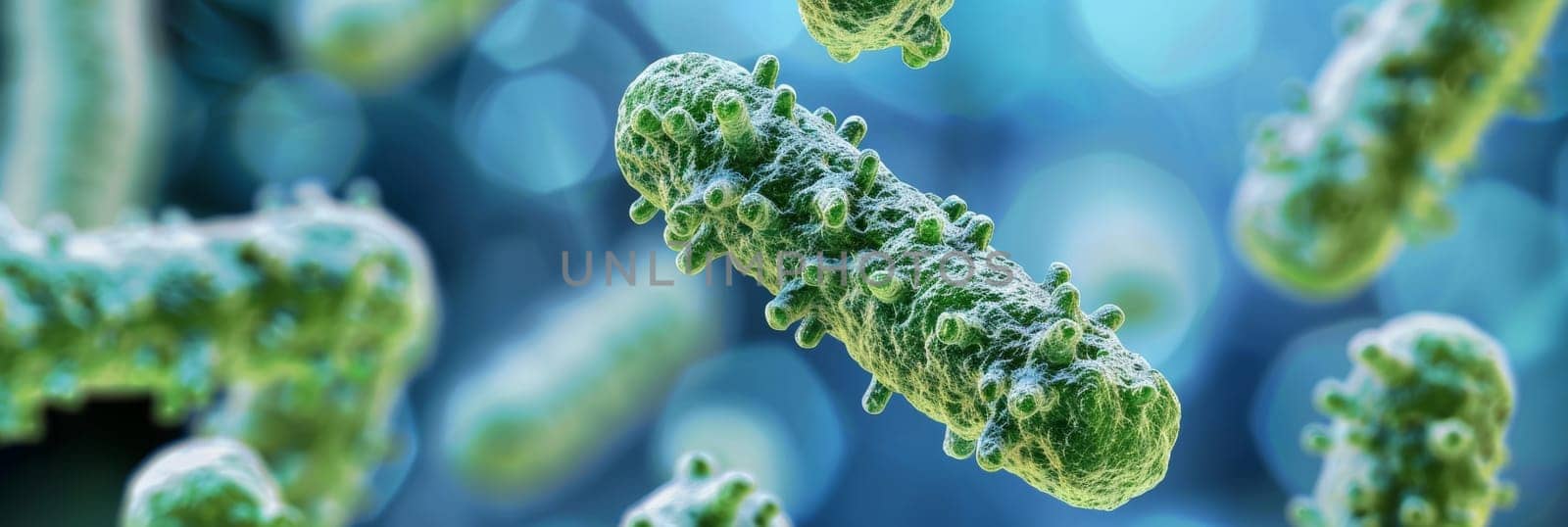 Close-up 3D illustration of green bacteria on a blue background, highlighting details of bacterial structure.