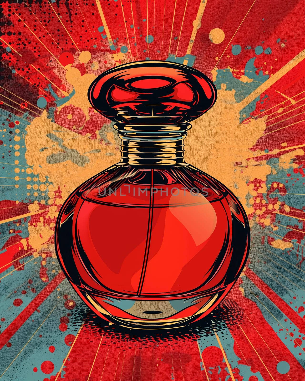 Illustration elegant perfume bottle in vintage pop art style. Selective focus.