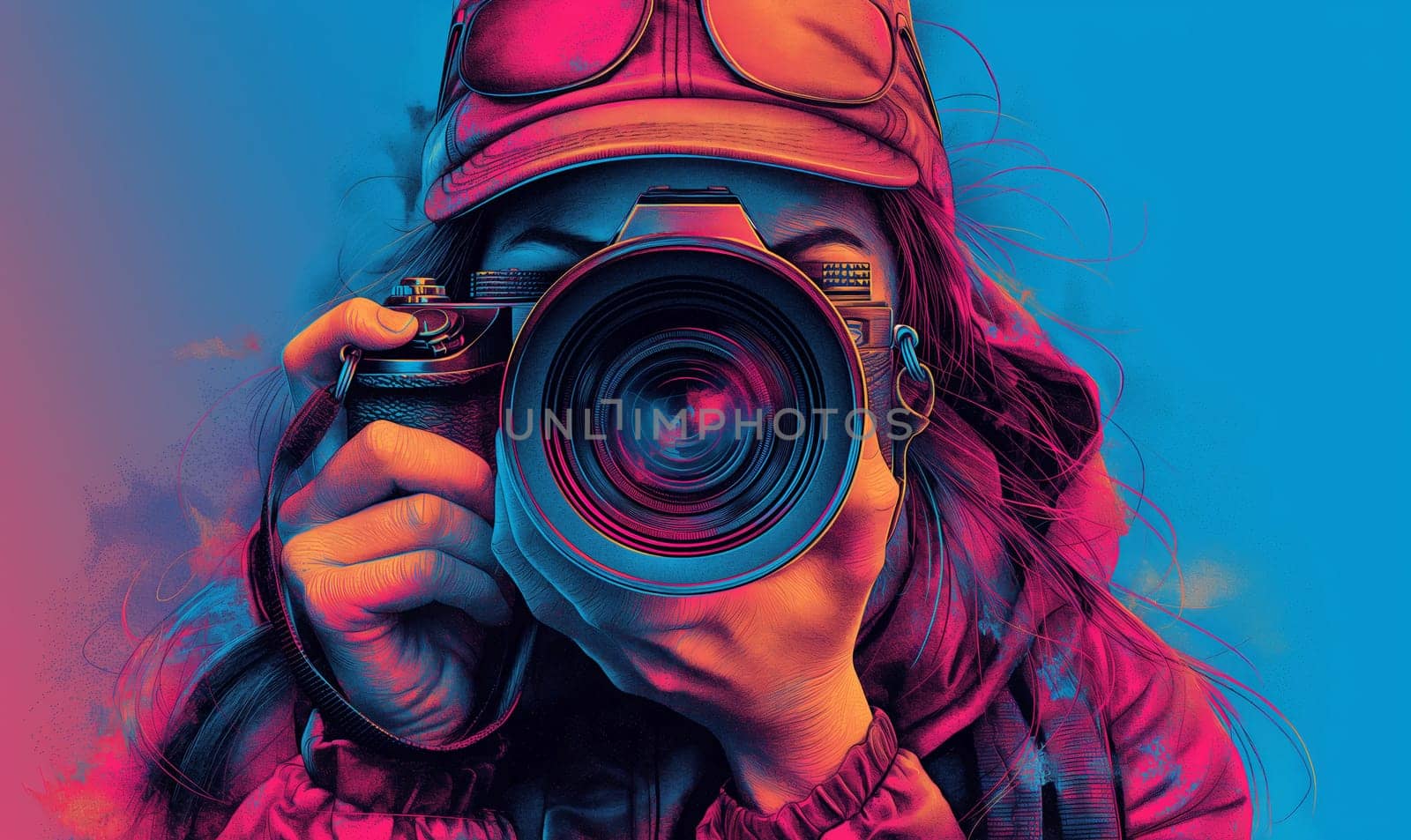 A woman takes a picture with a DSLR camera in an airbrush style. Selective focus.