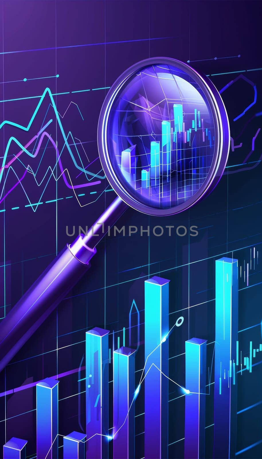 Vibrant stock market graphics with magnifying glass highlighting financial growth.