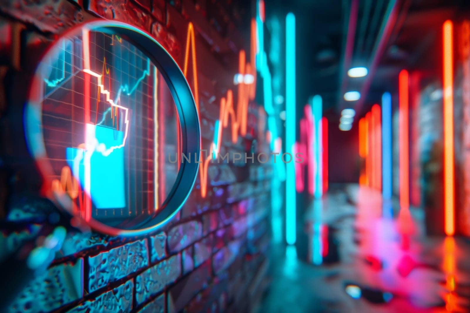 Vibrant stock market graph on circular display with neon lights and reflections on a dark brick wall by sfinks