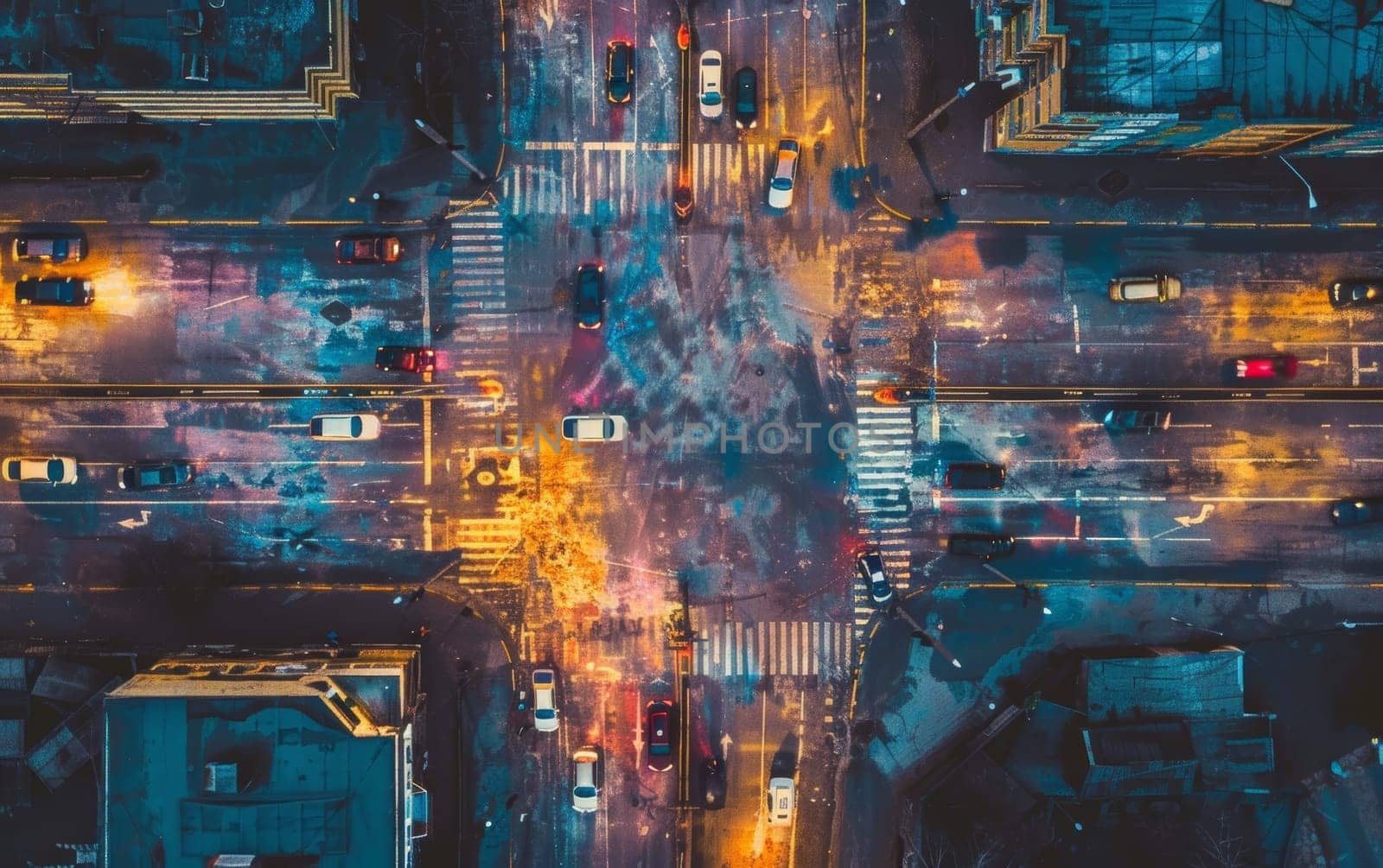 Aerial view of a busy intersection with diverse vehicles and colorful street markings at dusk.