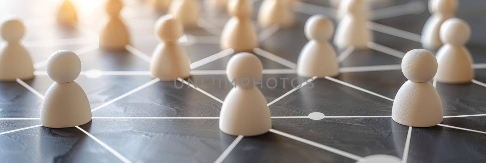 Wooden figures interconnected on a network grid, representing concepts of social media, teamwork, and networking by sfinks