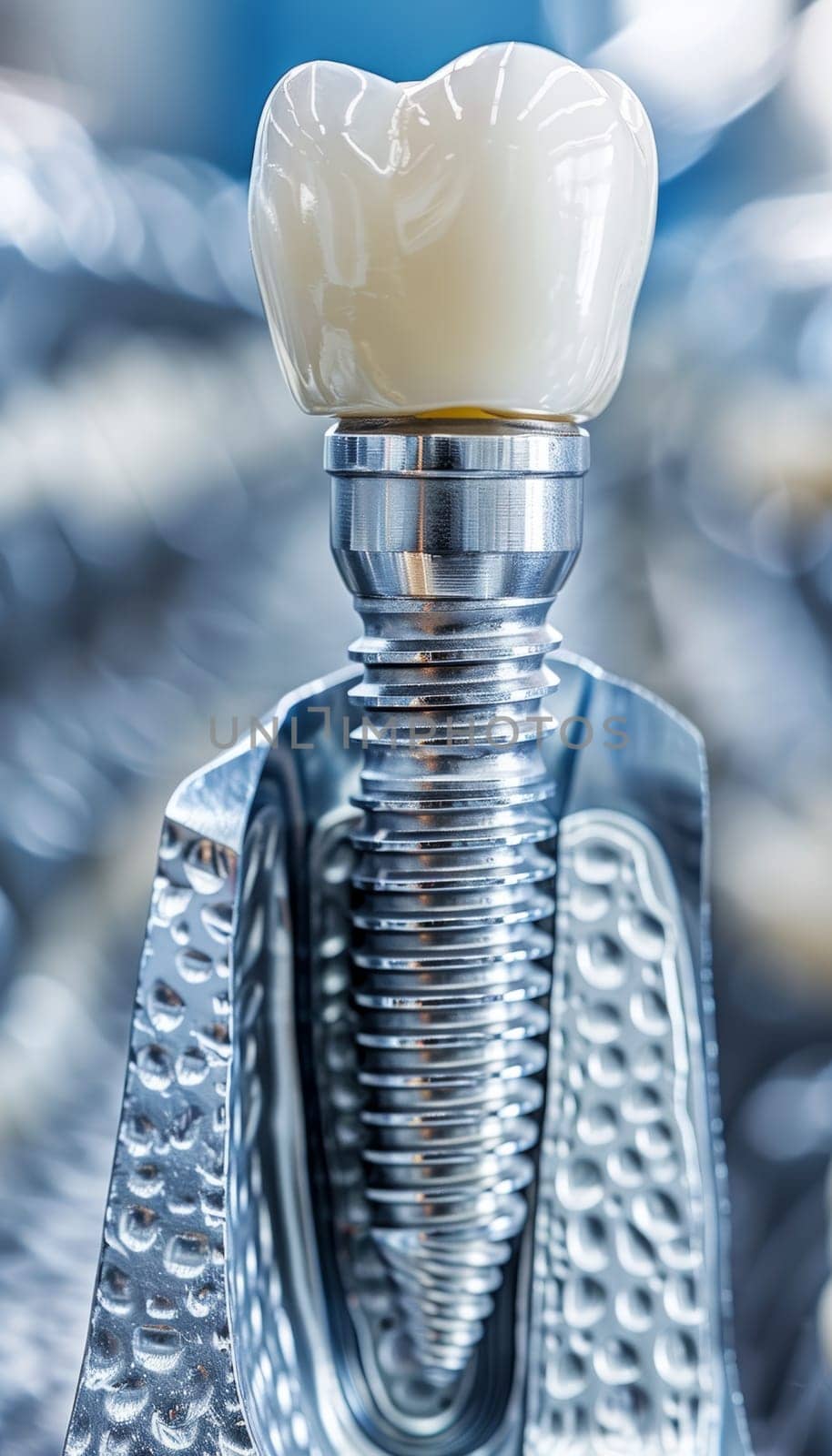 Close-up of a dental implant model with a focus on the screw and crown against a blurred background.