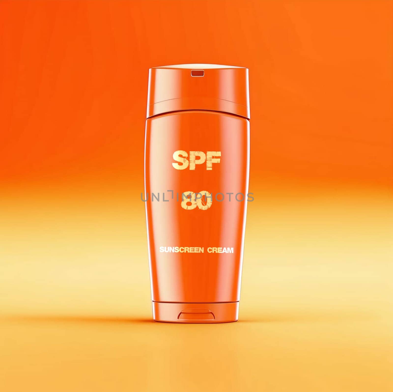 SPF 50. Orange Sunscreen cream on the beach by VeronikaAngo