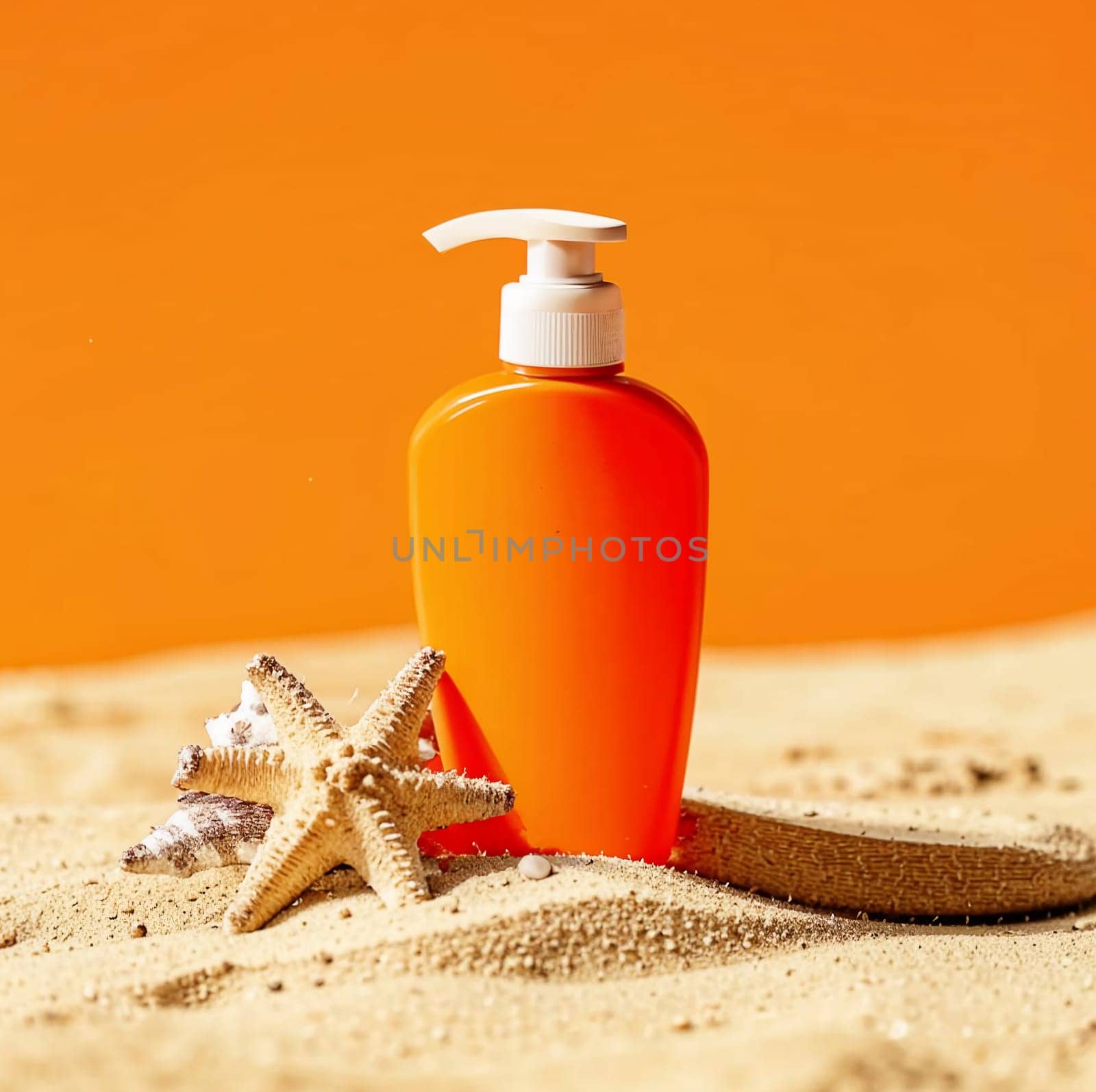 Orange bottle of cream without inscriptions. High quality photo. Sunscreen. Summer cream. Tanning product. Tanning remedy.