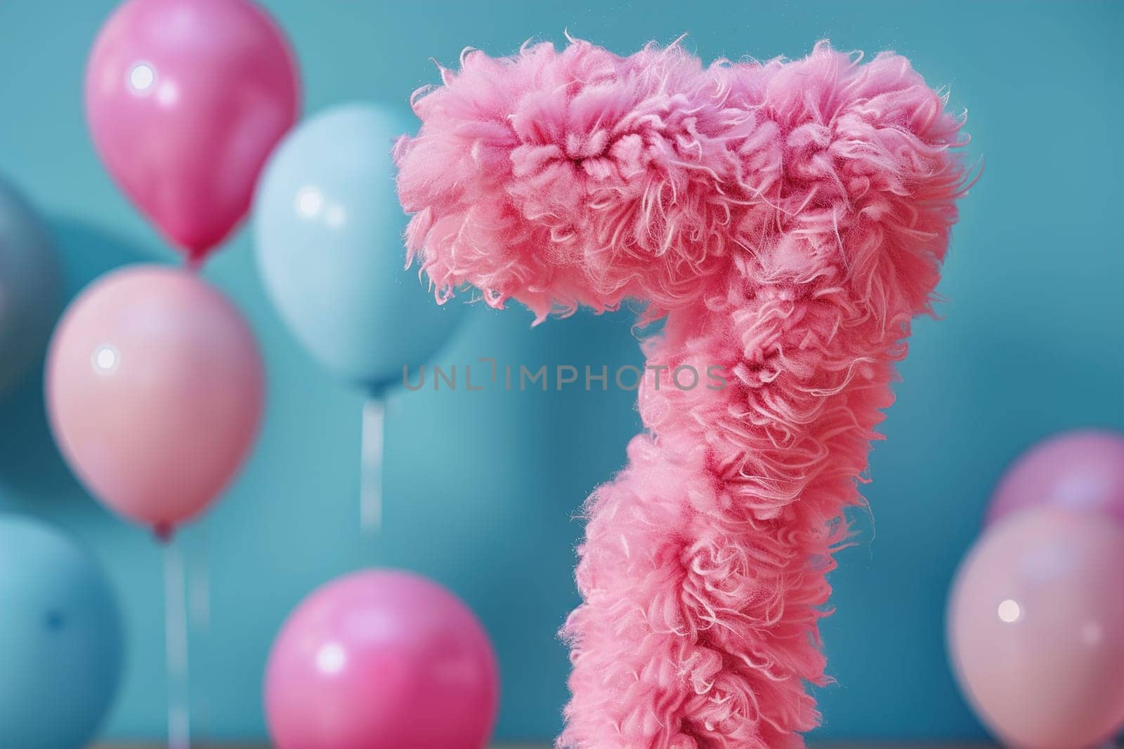 Pink, girlish and fluffy number seven with blurred balloons on the background. Playful symbol 7. Invitation for seventh birthday celebration. Children, kids party. Greeting card design. Generative AI