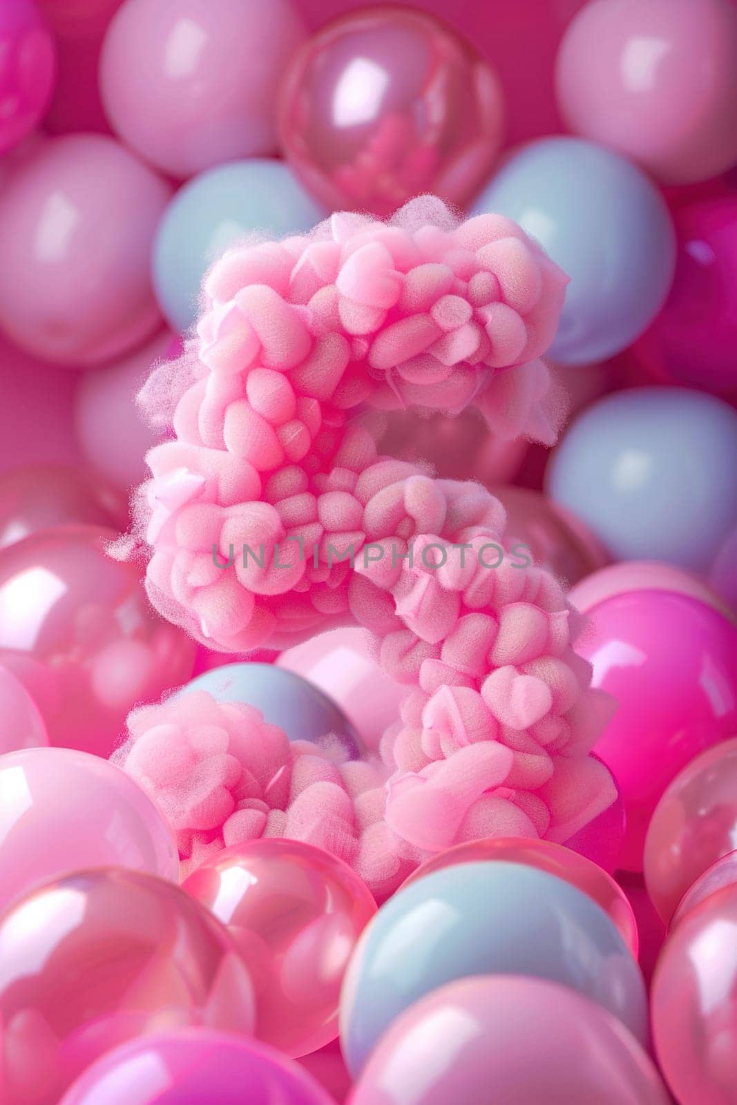 Pink, girlish and fluffy number five with blurred balloons on the background. Playful symbol 5. Invitation for fifth birthday celebration. Children, kids party. Greeting card, vertical. Generative AI