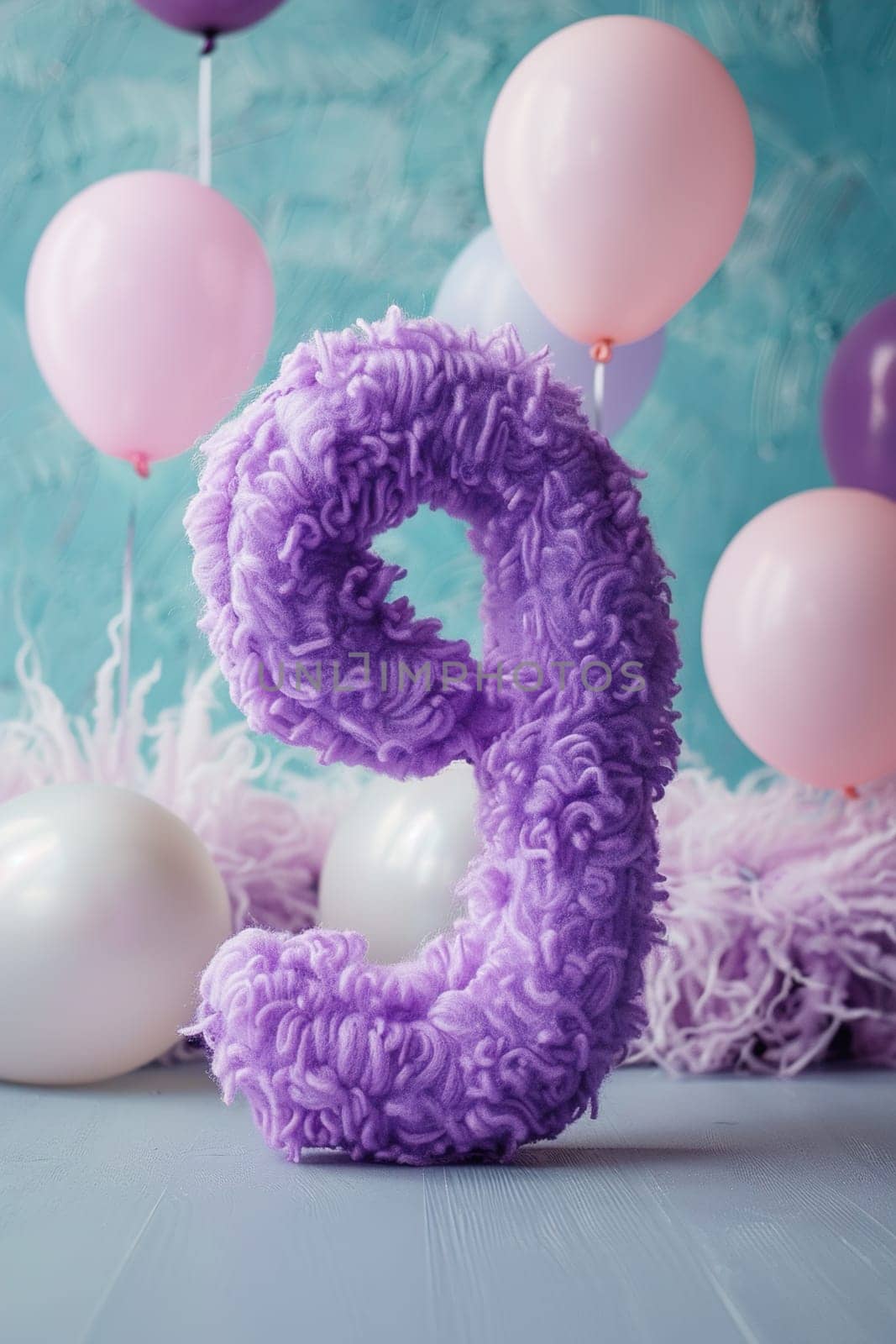 Vibrant, purple and fluffy number nine with blurred balloons on the background. Playful symbol 9. Invitation for ninth birthday celebration. Children, kids party. Greeting card, vertical. Generative AI