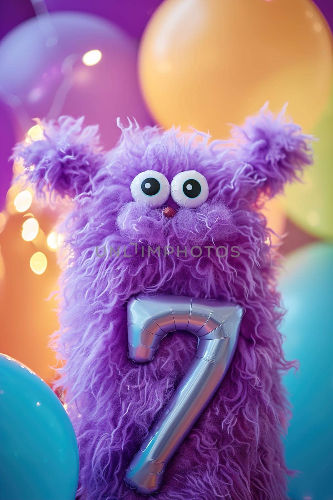 Vibrant, purple, fluffy monster with number seven, balloons on the background. Playful symbol 7. Invitation for seventh birthday. Children, kids party. Greeting card, vertical. Generative AI