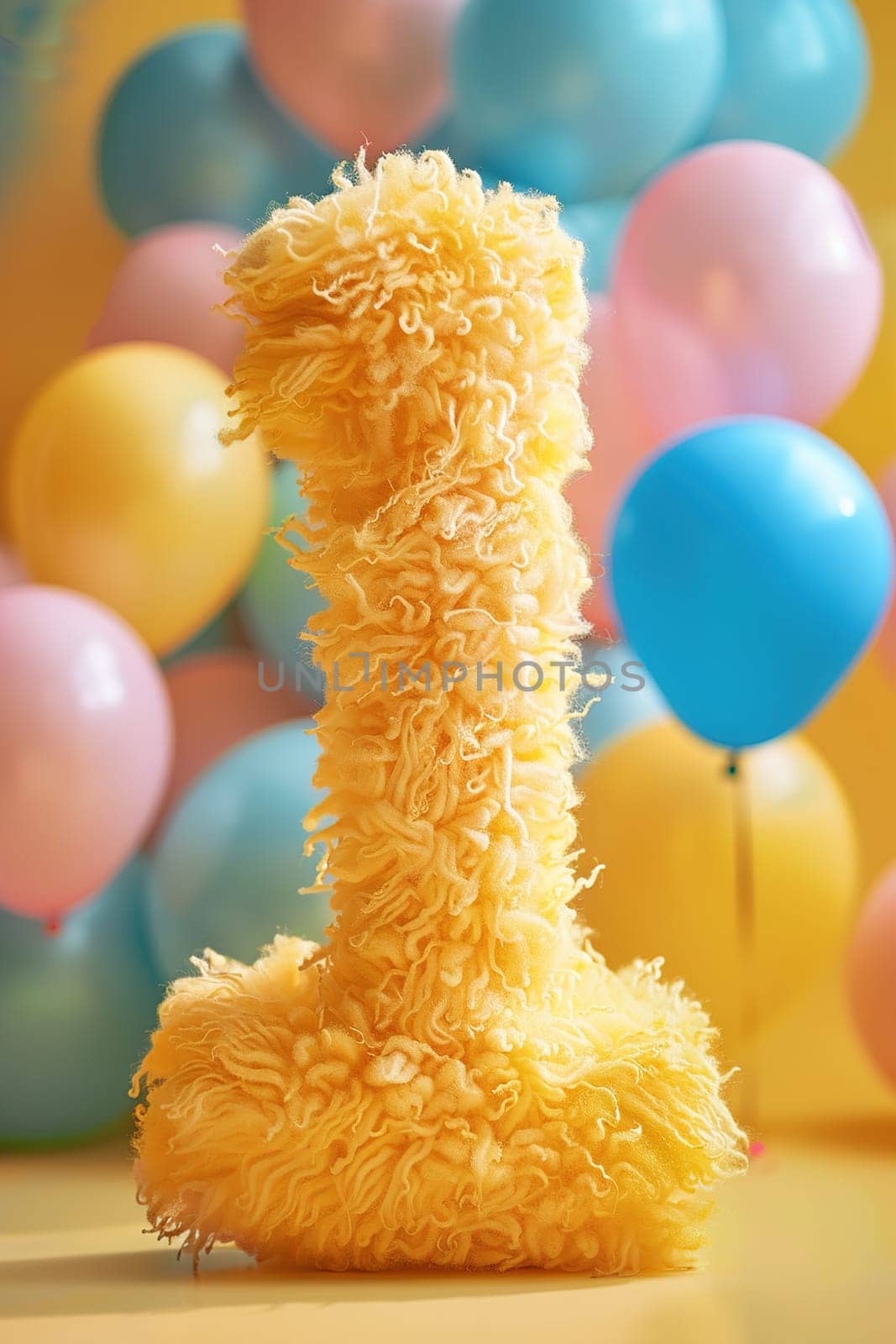 Captivating image featuring fluffy number 1 in bright yellow, set against a backdrop of colorful balloons in pink, blue and yellow, perfect for joyful celebrations, festive decorations. Generative AI