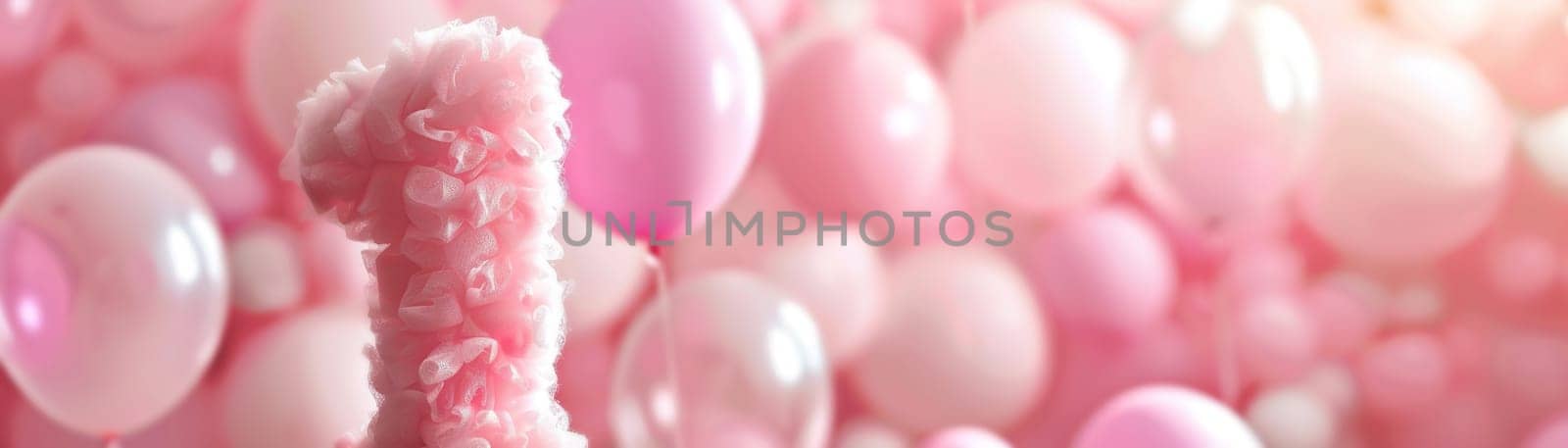 Pink, girlish and fluffy number one with blurred balloons on the background. Playful symbol 1. Invitation for first birthday celebration. Children, kids party. Greeting card. Banner. Generative AI