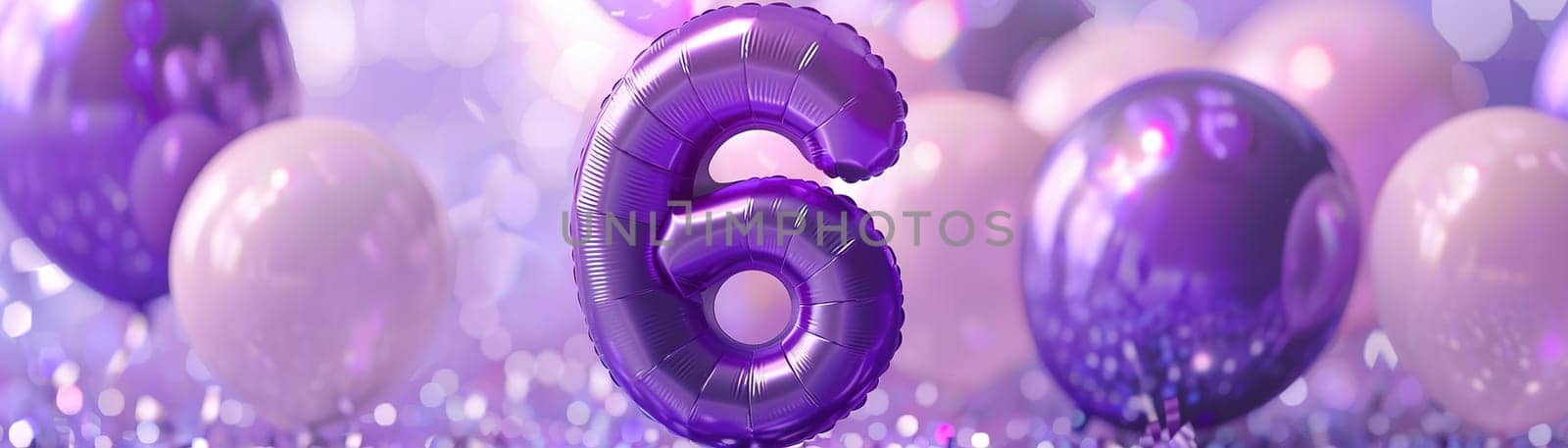 Vibrant, purple and glossy number six with blurred balloons on the background. Playful symbol 6. Invitation for sixth birthday celebration. Children, kids party. Greeting card. Banner. Generative AI