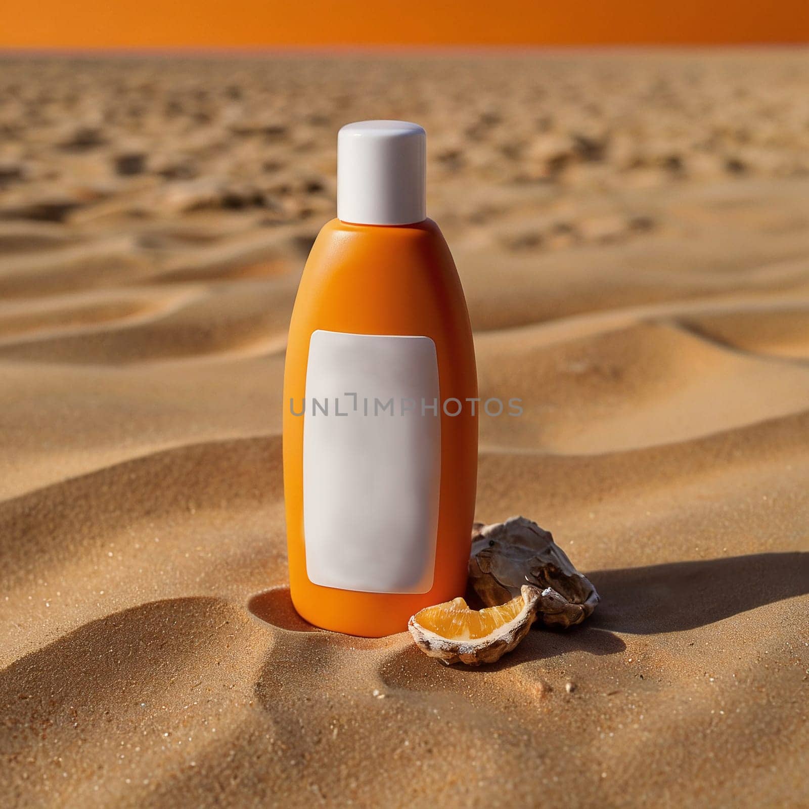 Orange bottle of cream without inscriptions. High quality photo. Sunscreen. Summer cream. Tanning product. Tanning remedy.