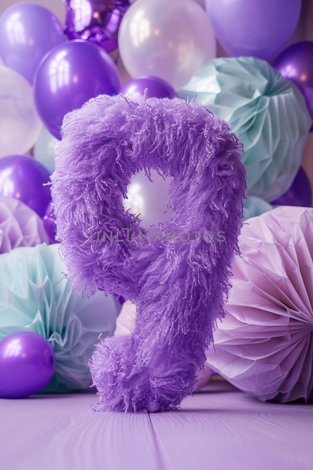 Vibrant, purple and fluffy number nine with blurred balloons on the background. Playful symbol 9. Invitation for ninth birthday celebration. Children, kids party. Greeting card, vertical. Generative AI