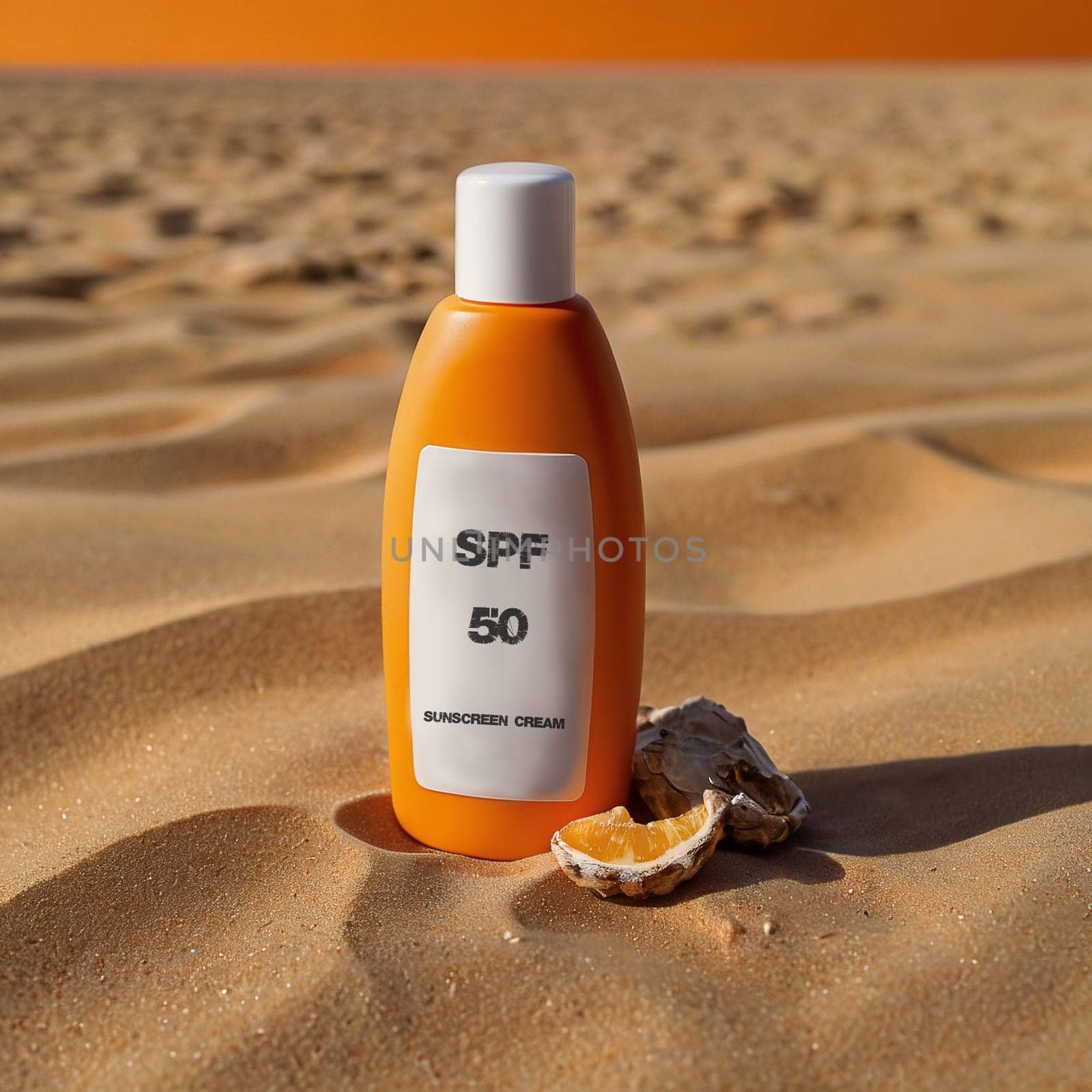 SPF 50. Orange Sunscreen on a wet sand by VeronikaAngo