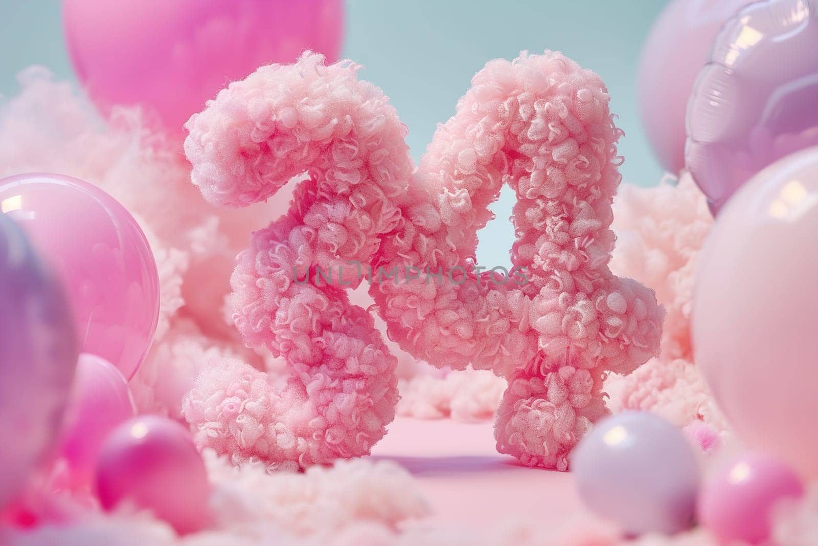 Pink, girlish and fluffy number thirty four with blurred balloons on the background. Playful symbol 34. Invitation for thirty fourth birthday celebration. Greeting card design. Generative AI