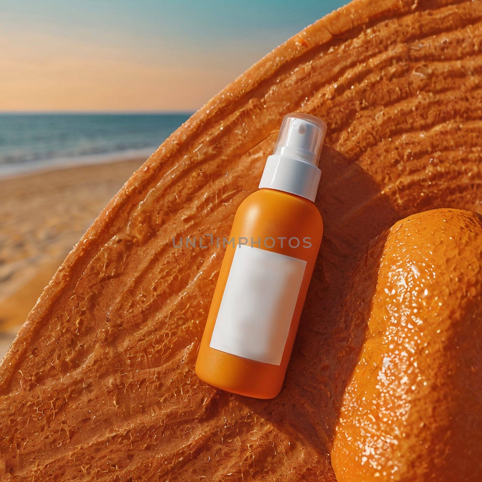 Orange bottle of cream without inscriptions. High quality photo. Sunscreen. Summer cream. Tanning product. Tanning remedy.